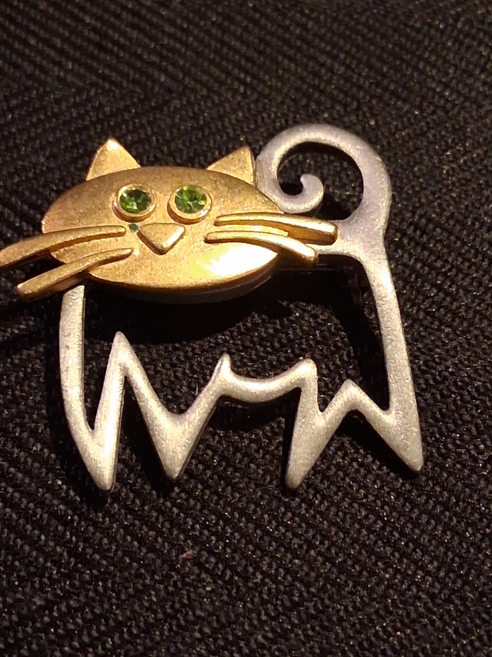 Gold and Silver Cat Pin Brooch with Green Gem Eyes Pet Lover Accessory Marked JJ